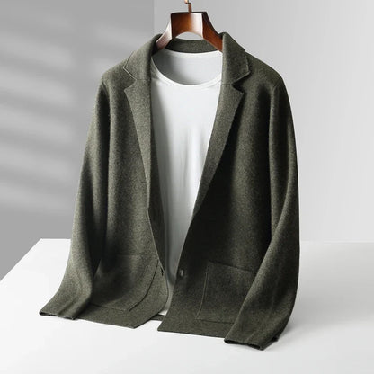 Men's army green knit cardigan with button front and pockets