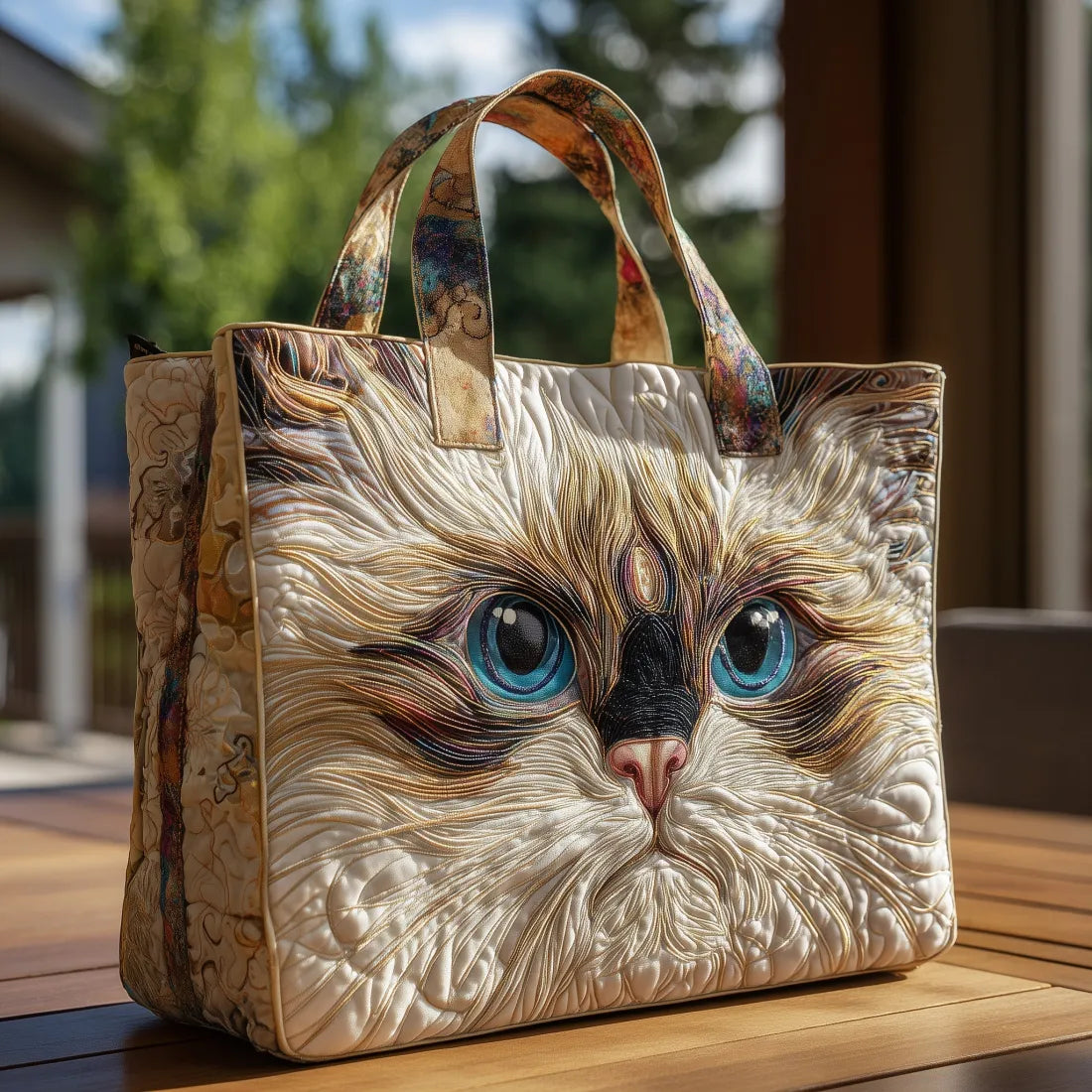 Beige Artistic Cat Print Canvas Tote Bag