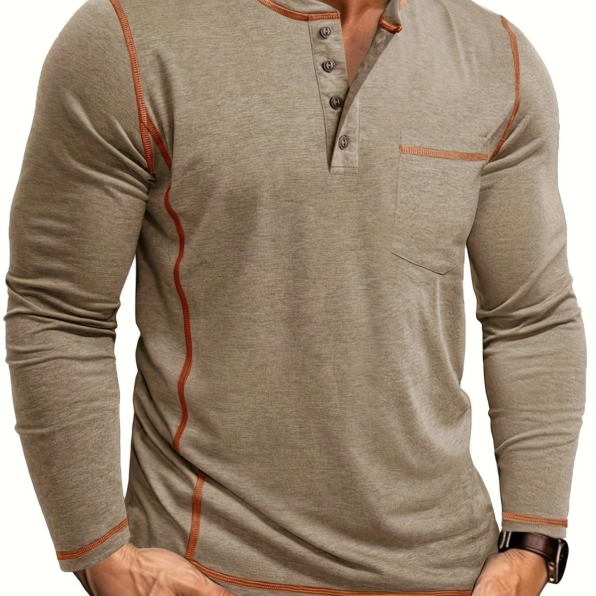 Khaki Men's Contrast-Stitch Henley with Chest Pocket