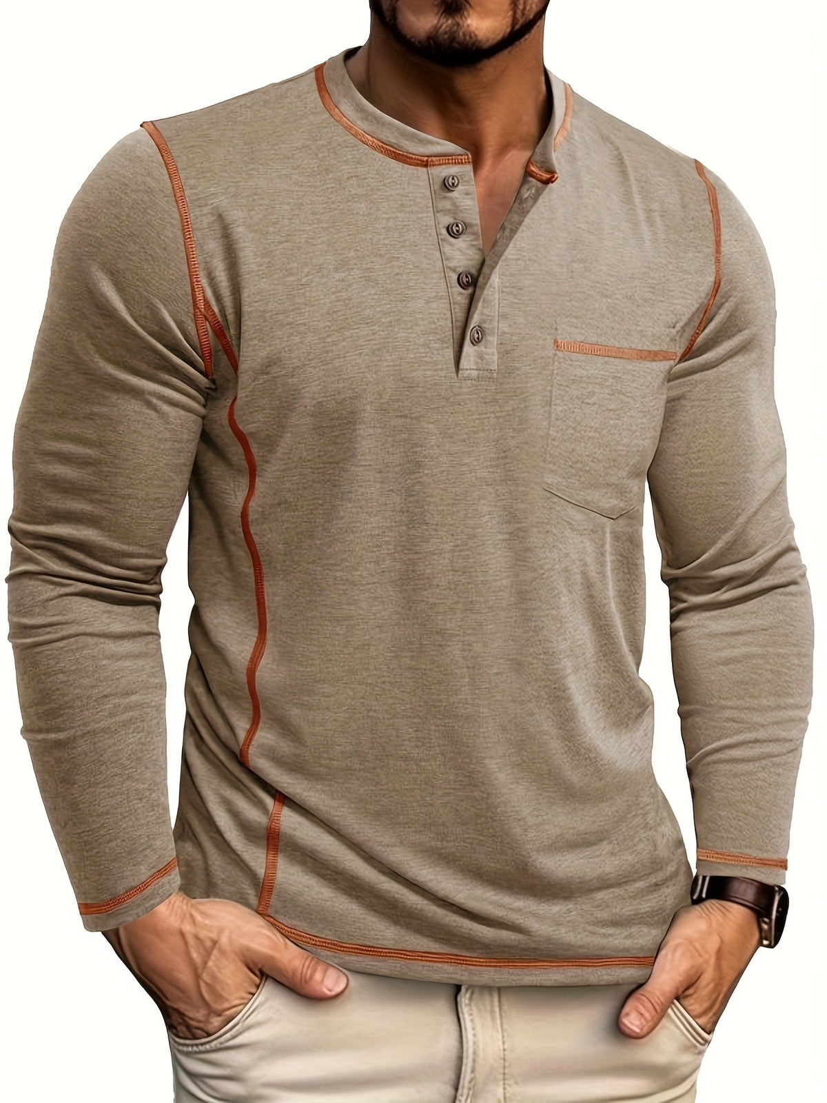 Men's Contrast-Stitch Henley with Chest Pocket