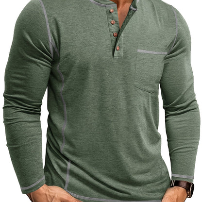 Green Men's Contrast-Stitch Henley with Chest Pocket