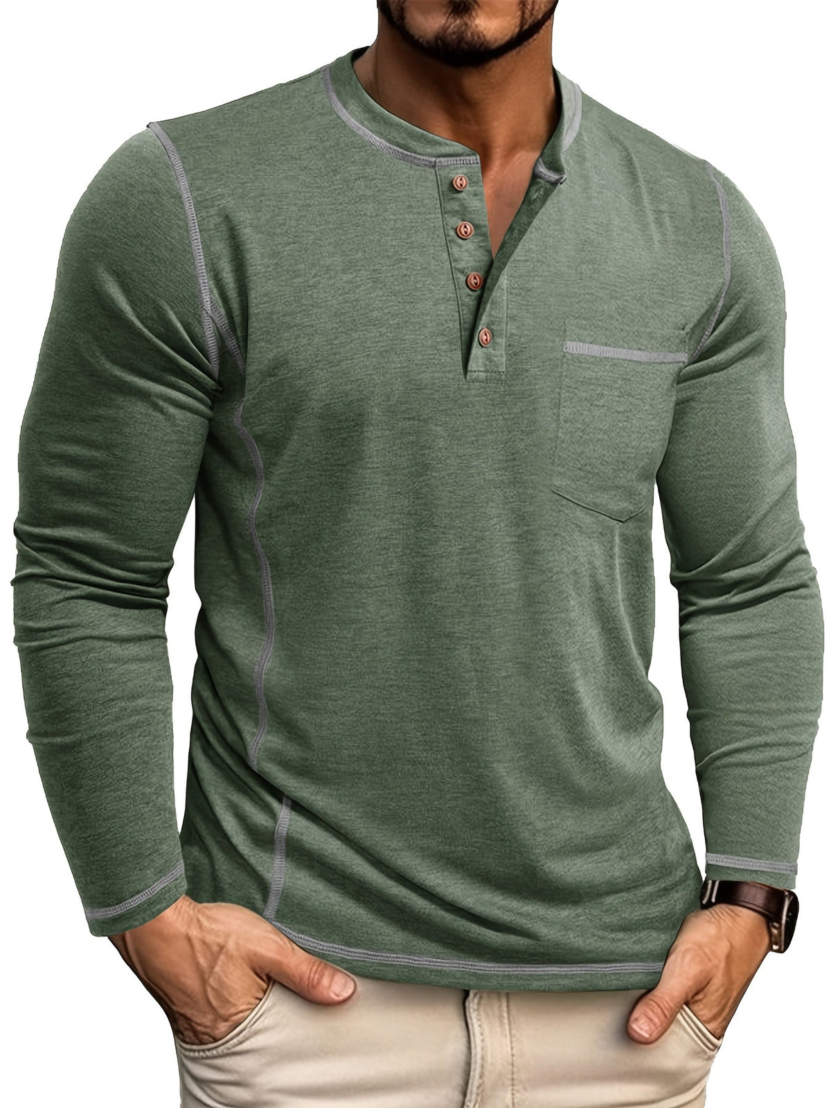 Men's Contrast-Stitch Henley with Chest Pocket – view 6