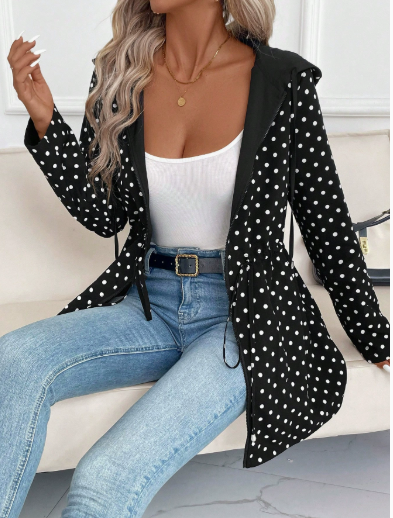 Women's reversible leopard lined hooded jacket in black polka dot