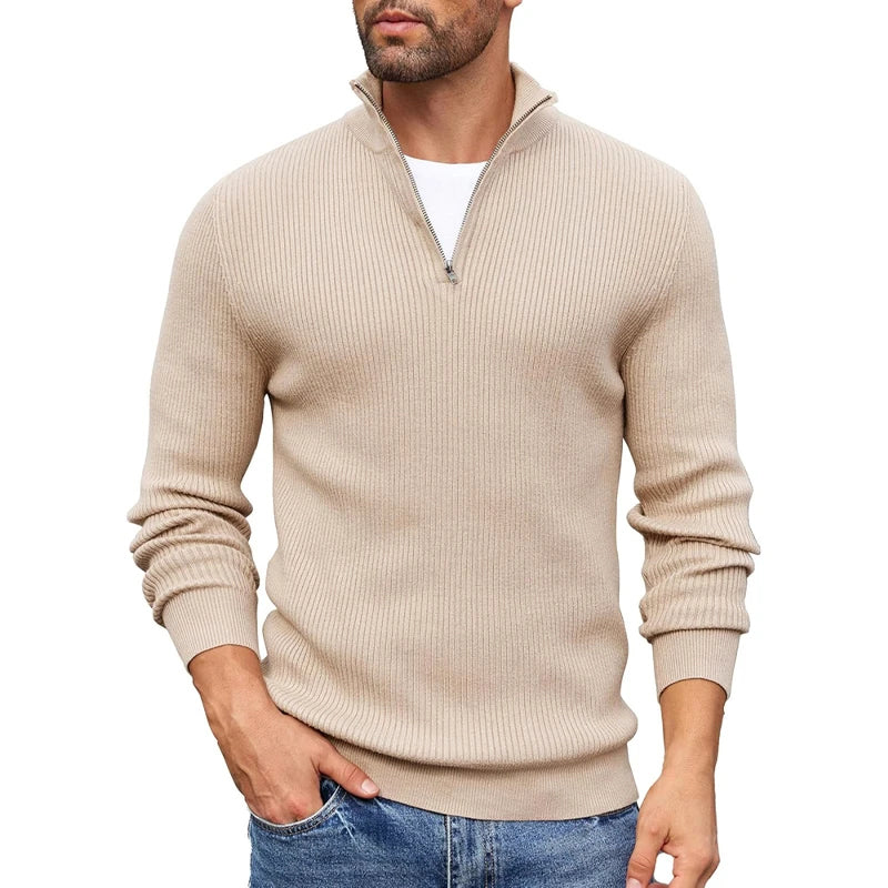 Men's beige ribbed knit half zip mock neck sweater in slim fit