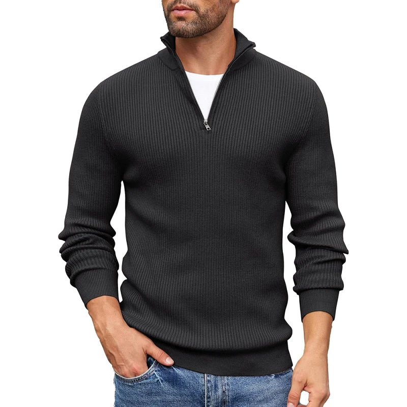 Men's beige ribbed knit half zip mock neck sweater in slim fit