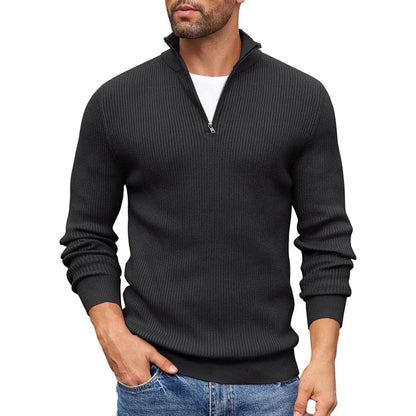 Men's beige ribbed knit half zip mock neck sweater in slim fit