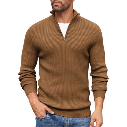 Men's beige ribbed knit half zip mock neck sweater in slim fit