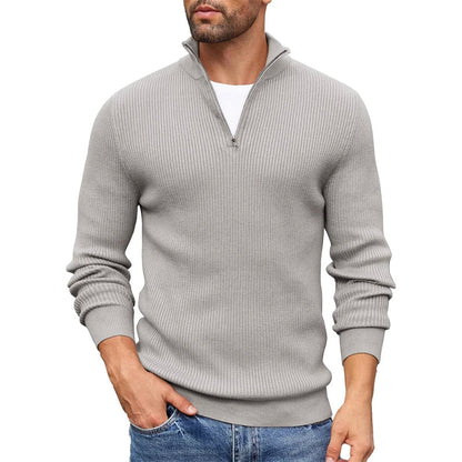 Men's beige ribbed knit half zip mock neck sweater in slim fit