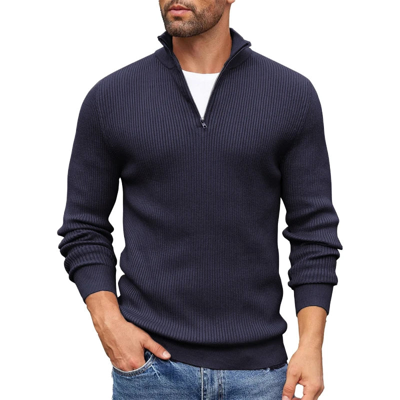 Men's beige ribbed knit half zip mock neck sweater in slim fit