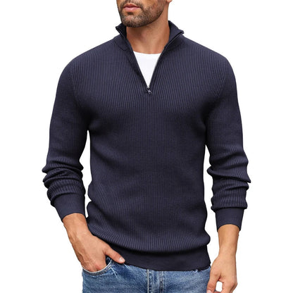 Men's beige ribbed knit half zip mock neck sweater in slim fit