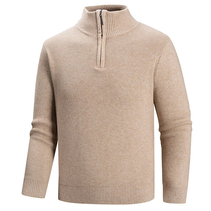 Men's black ribbed knit half zip mock neck sweater in slim fit