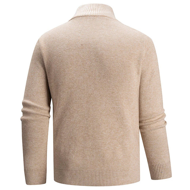 Men's black ribbed knit half zip mock neck sweater in slim fit