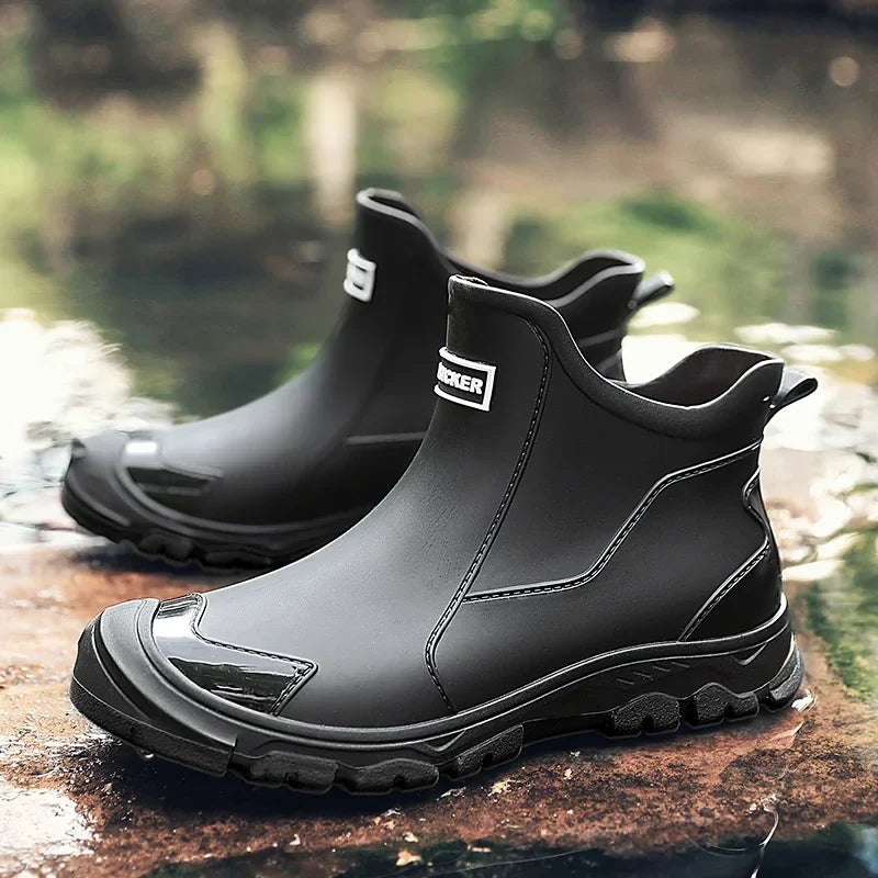 Classic black waterproof slip-on ankle rain boots