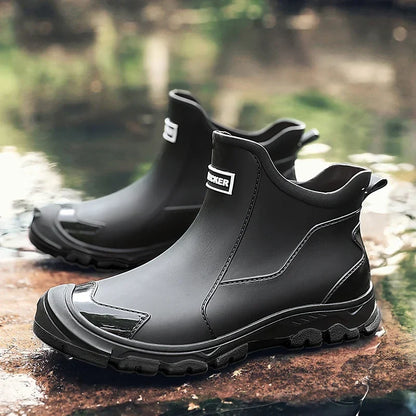 Classic black waterproof slip-on ankle rain boots