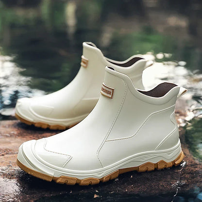 Beige waterproof slip-on ankle rain boots