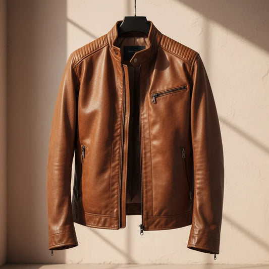 Ezra leather jacket with metal hardware, front view