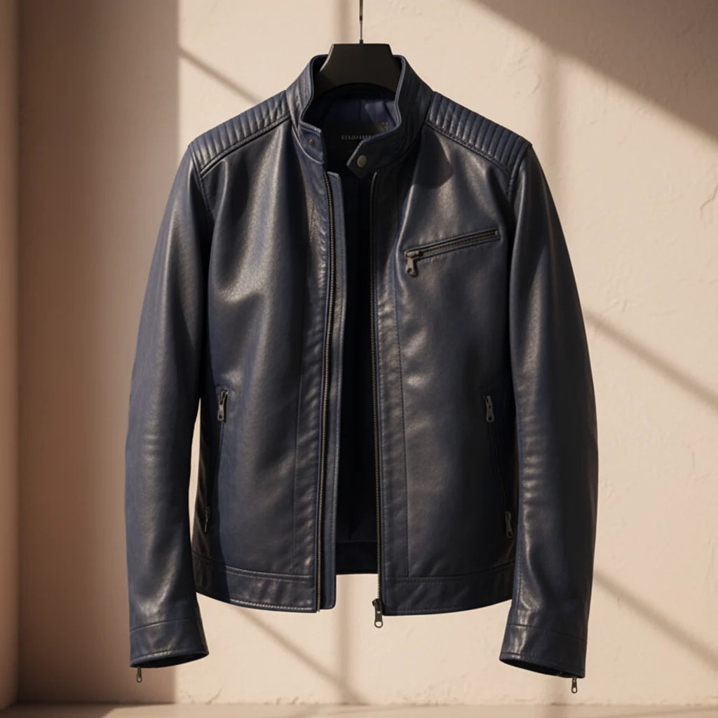 Ezra leather jacket worn, lifestyle shot