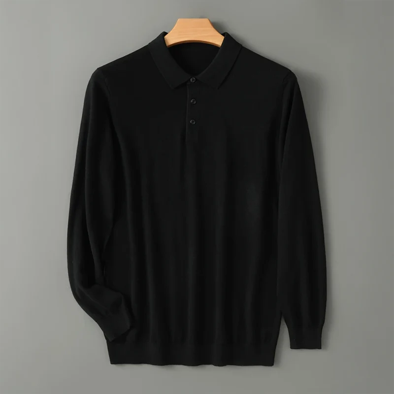 Men's classic black merino wool polo shirt