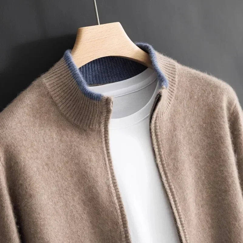 Men's khaki cashmere zip up sweater jacket