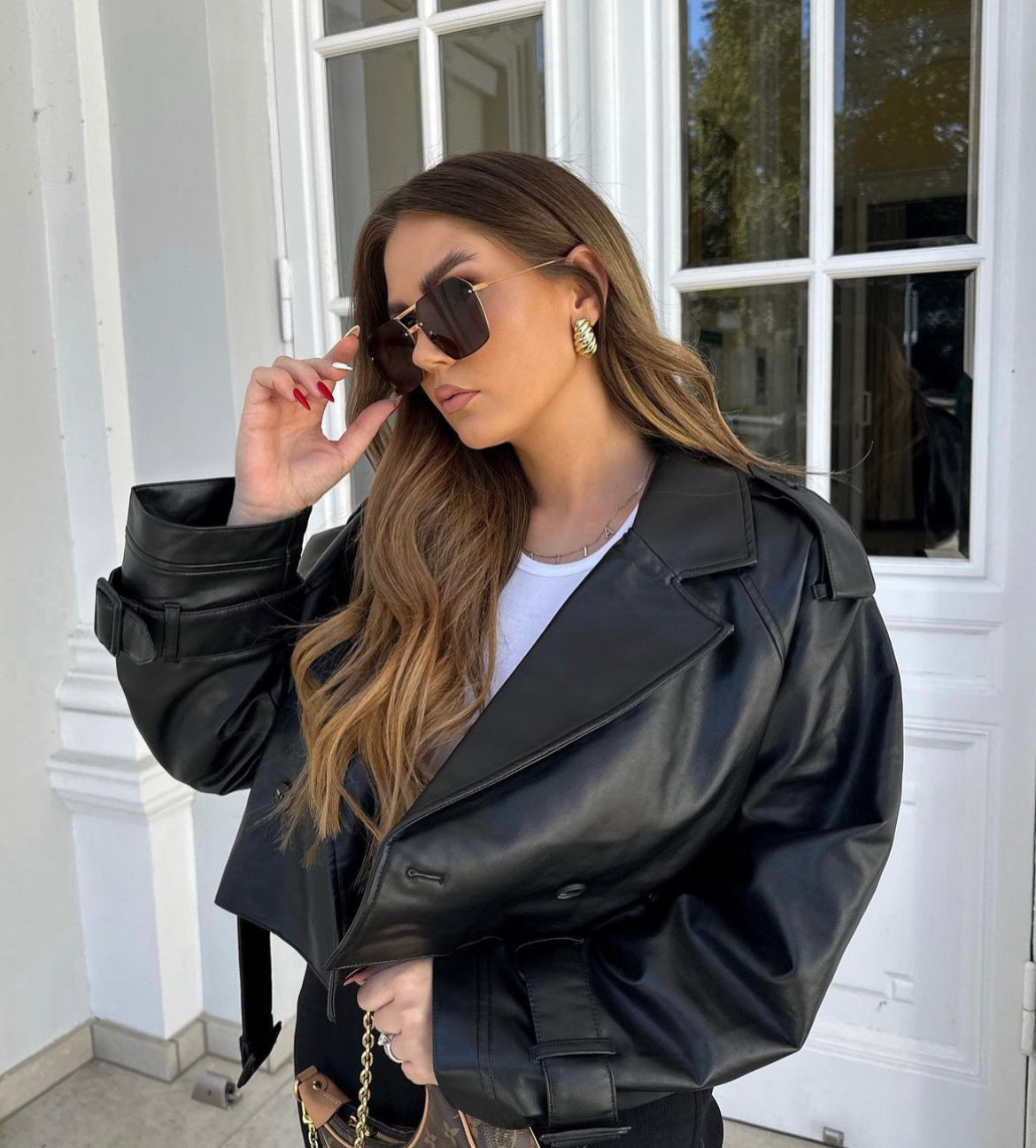 Black Cropped Faux Leather Trench Jacket, Bold Silhouette – view 2