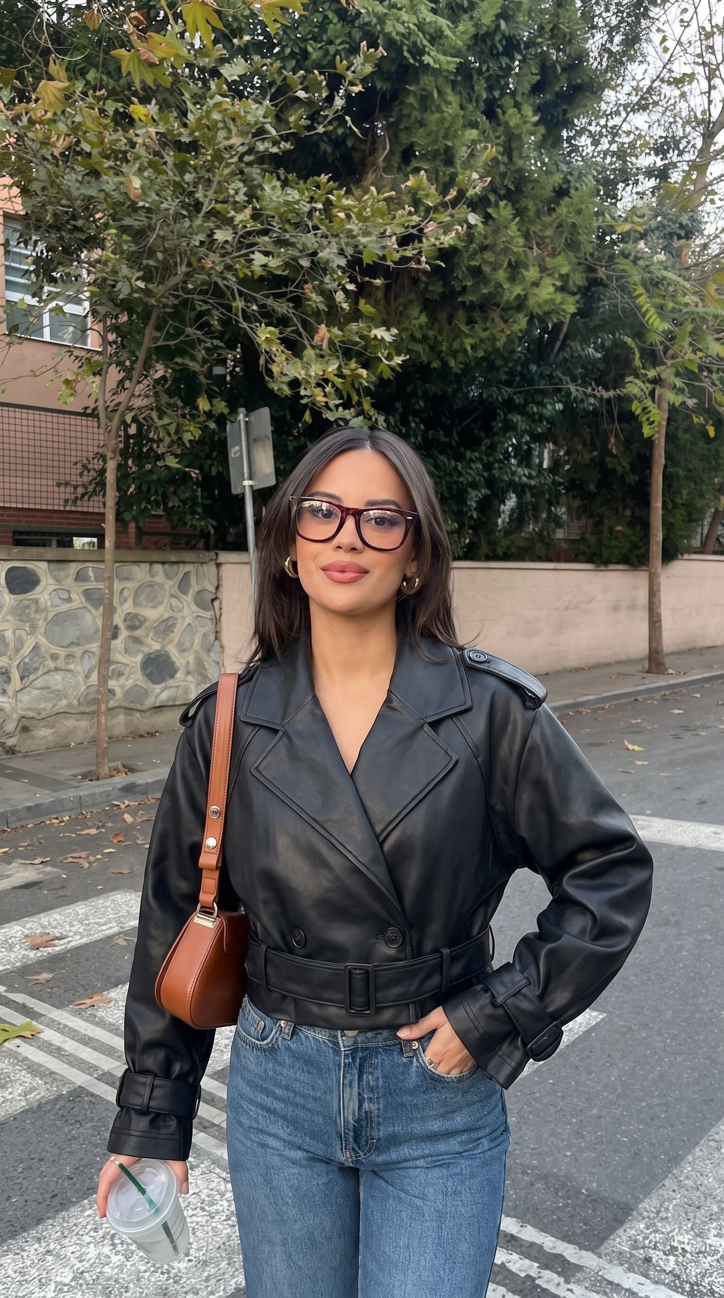 Black Cropped Faux Leather Trench Jacket, Bold Silhouette – view 4
