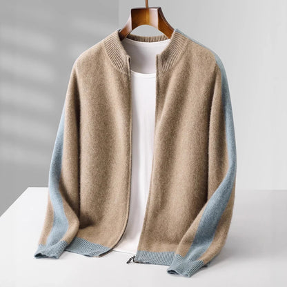 Men's khaki cashmere half zip sweater with contrast sleeves