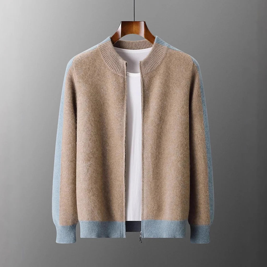 Men's cashmere half zip sweater with contrast sleeves