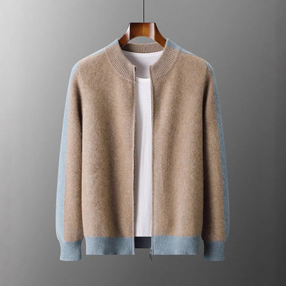 Men's cashmere half zip sweater with contrast sleeves