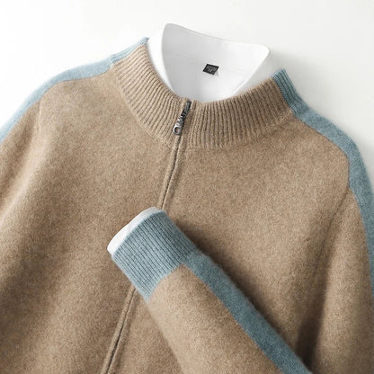 Men's cashmere half zip sweater with contrast sleeves