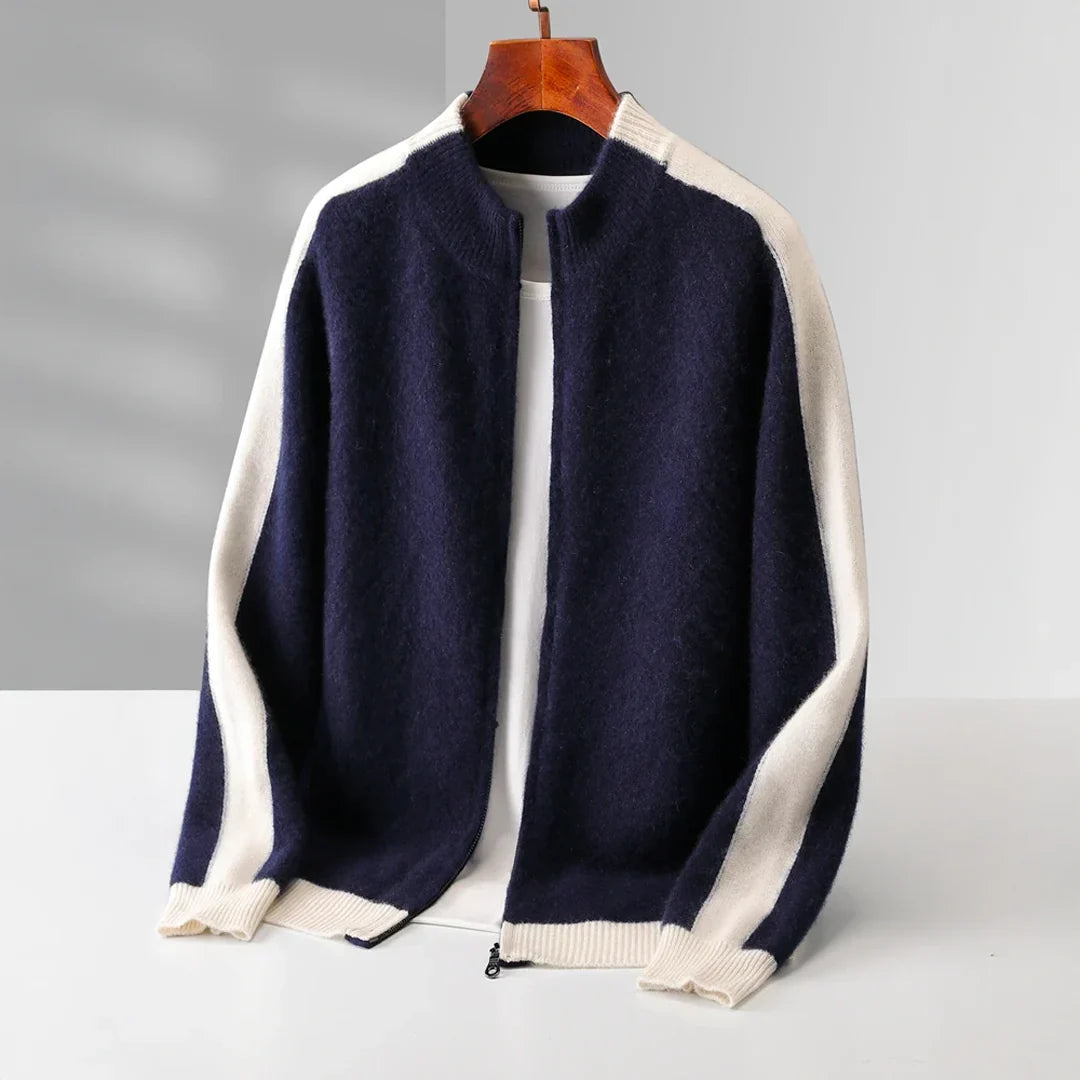 Men's navy blue cashmere half zip sweater with contrast sleeves