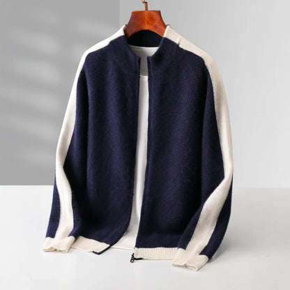 Men's navy blue cashmere half zip sweater with contrast sleeves