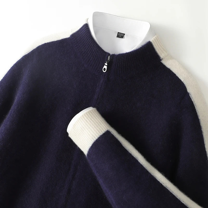 Men's cashmere half zip sweater with contrast sleeves