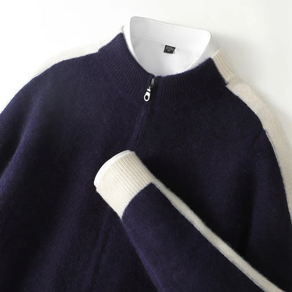 Men's cashmere half zip sweater with contrast sleeves