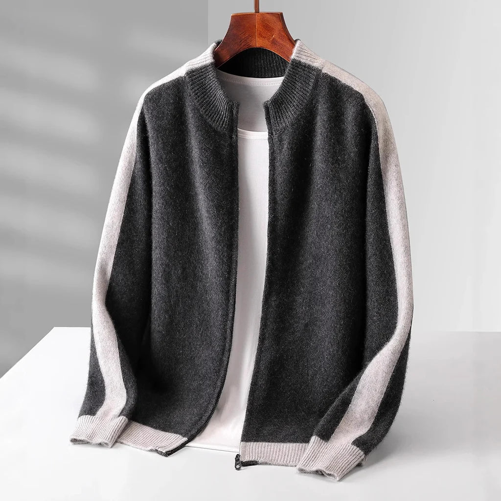 Men's dark gray cashmere half zip sweater with contrast sleeves