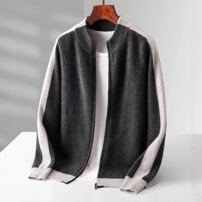 Men's dark gray cashmere half zip sweater with contrast sleeves