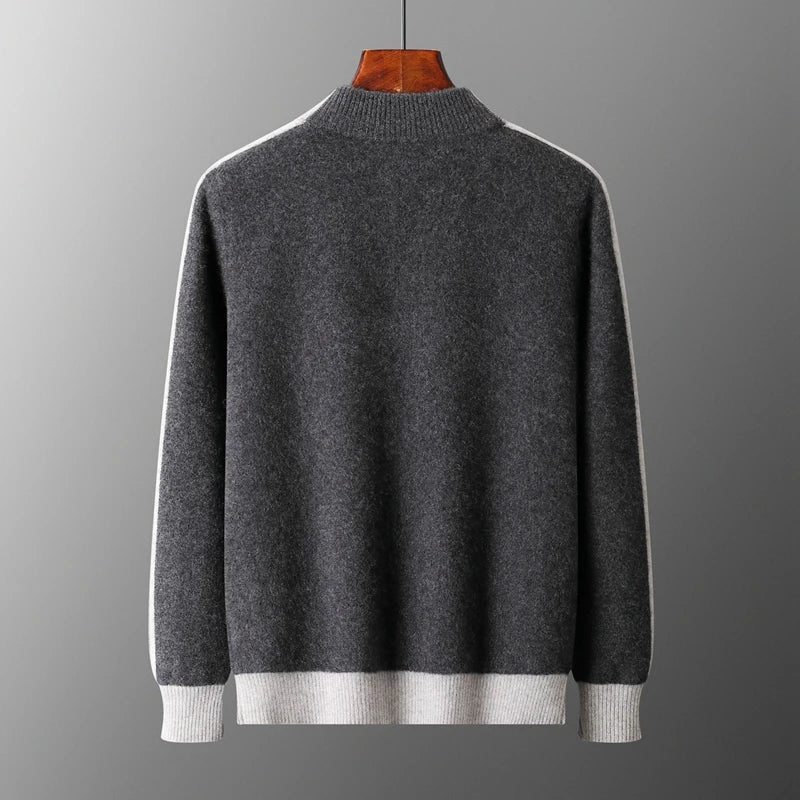 Men's cashmere half zip sweater with contrast sleeves