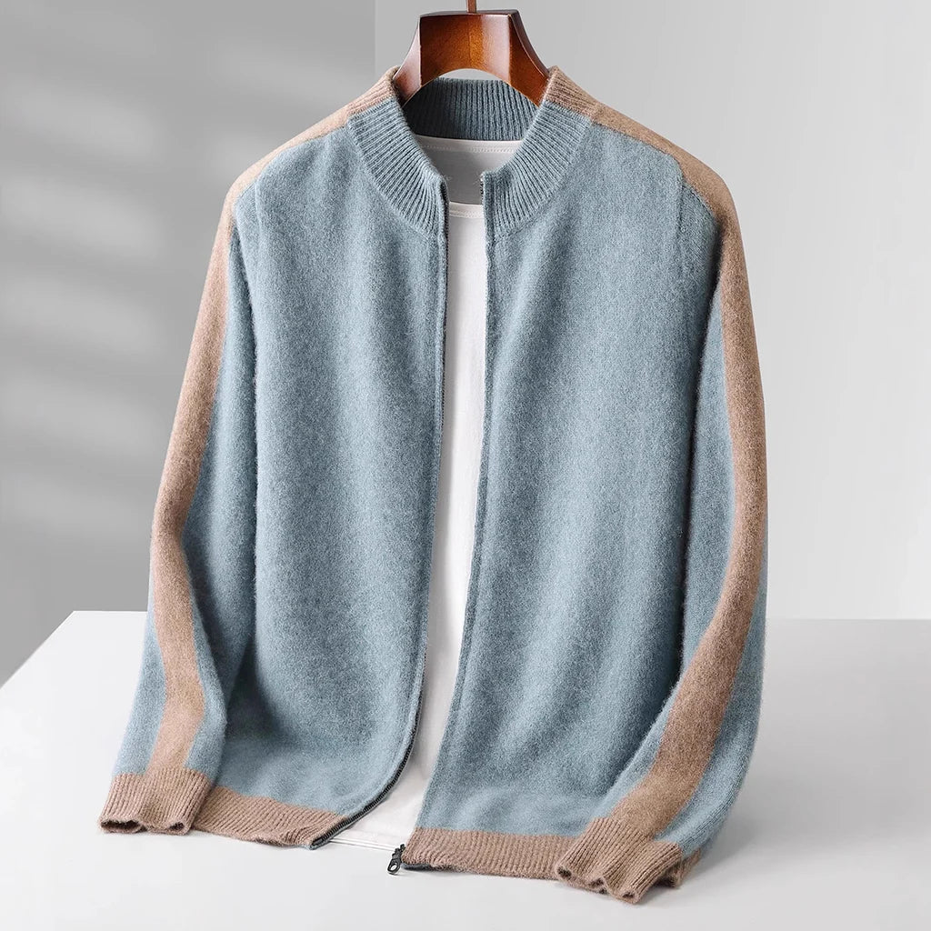 Men's azure cashmere half zip sweater with contrast sleeves