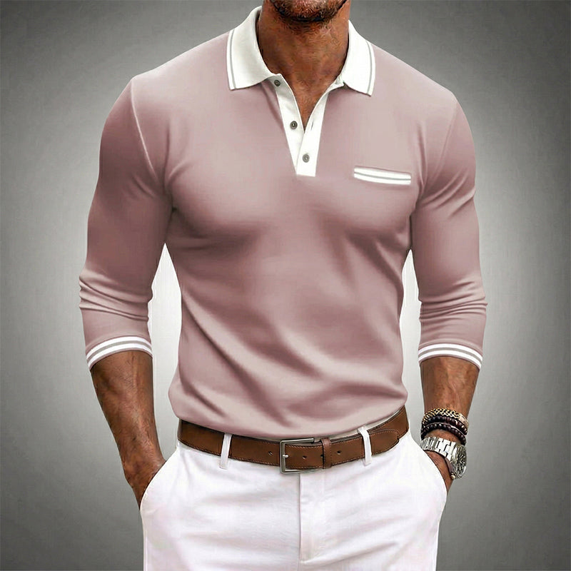 Men's blue long sleeve golf polo shirt with contrast collar and chest pocket