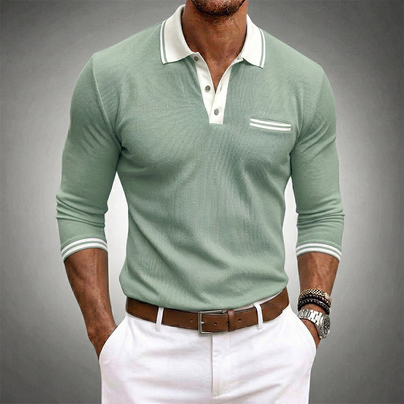 Men's blue long sleeve golf polo shirt with contrast collar and chest pocket