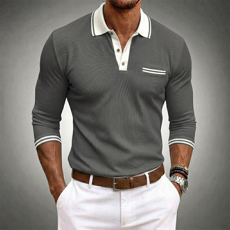 Men's blue long sleeve golf polo shirt with contrast collar and chest pocket