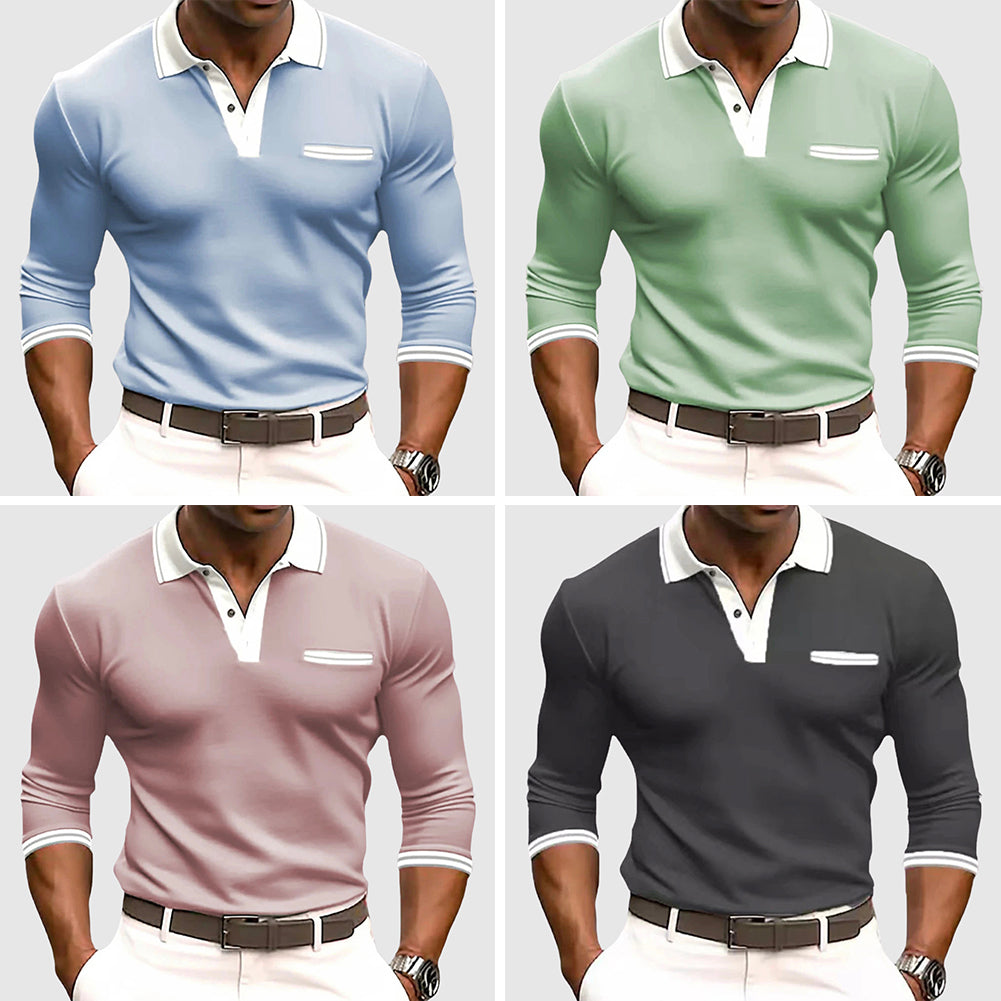 Men's blue long sleeve golf polo shirt with contrast collar and chest pocket