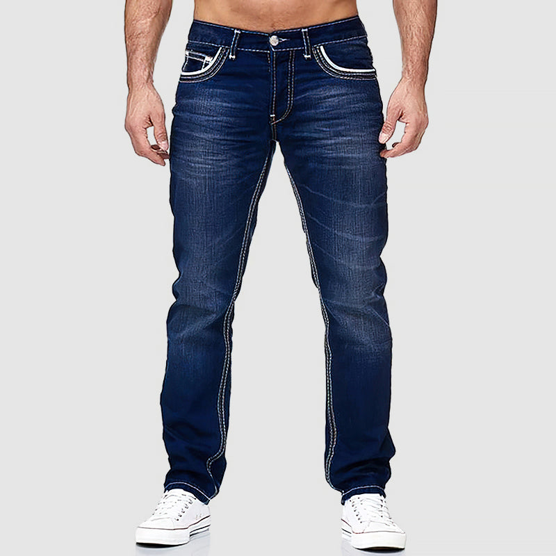 Men's blue regular fit straight leg jeans in cotton blend denim