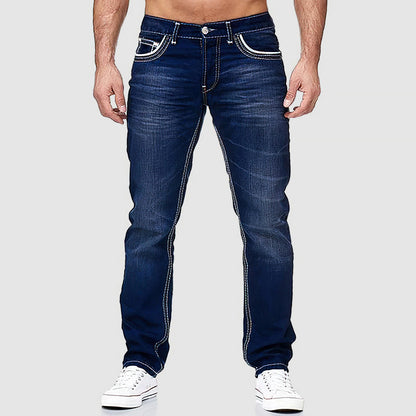 Men's blue regular fit straight leg jeans in cotton blend denim