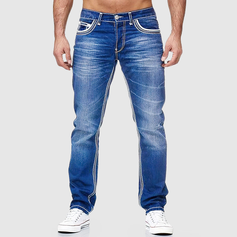 Men's blue regular fit straight leg jeans in cotton blend denim