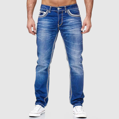 Men's blue regular fit straight leg jeans in cotton blend denim