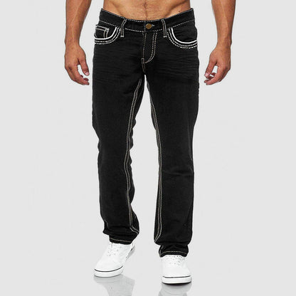 Men's blue regular fit straight leg jeans in cotton blend denim