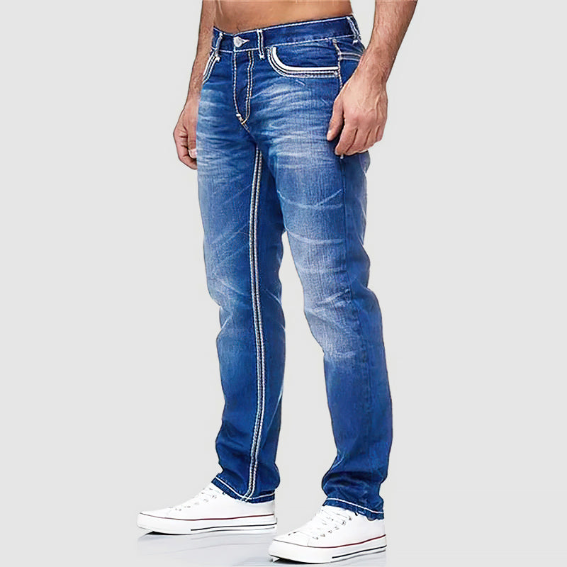 Men's blue regular fit straight leg jeans in cotton blend denim