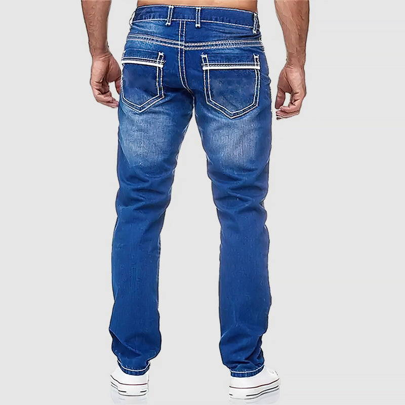 Men's blue regular fit straight leg jeans in cotton blend denim