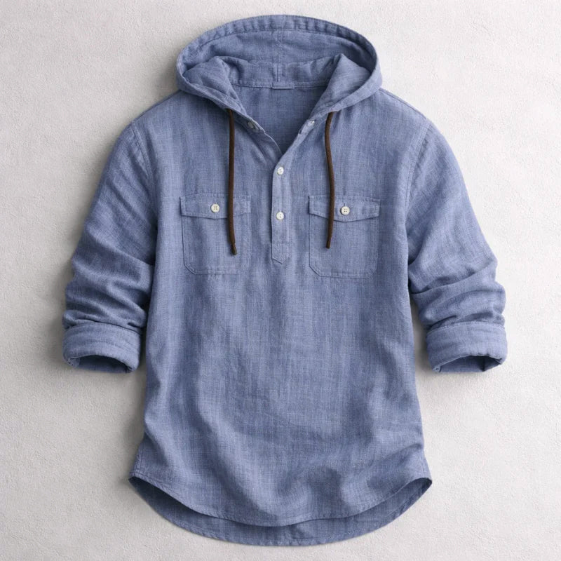 Men's blue cotton linen hooded shirt with chest flap pockets