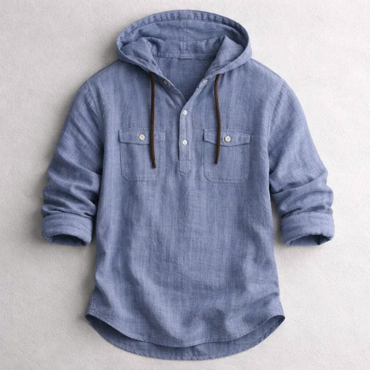 Men's blue cotton linen hooded shirt with chest flap pockets